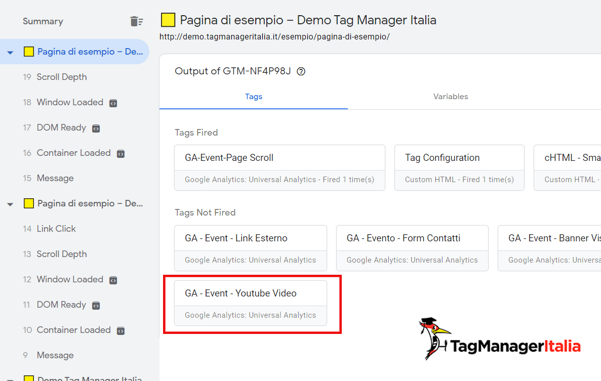 guida base verifica tracciare video youtube google tag manager - debug tag not fired