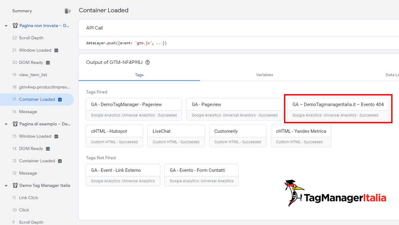 debug e preview di GTM: verifica del tag per tracciare gli errori 404 con google tag manager