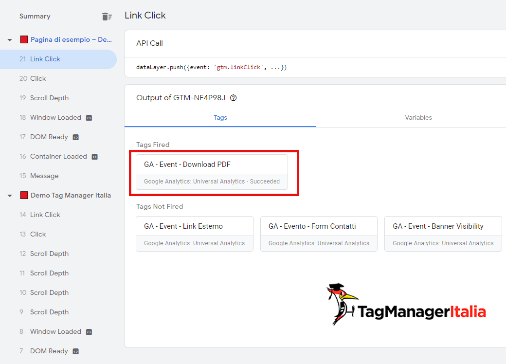 verifica con il debug di GTM Tag fired: tracciare download pdf google tag manager