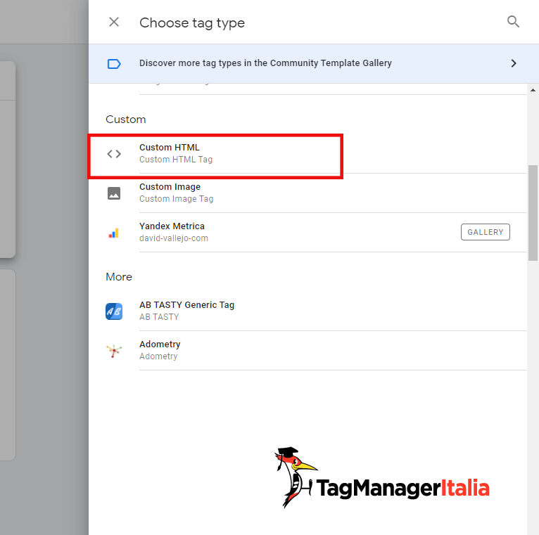 scegliere tag tipo Custom HTML