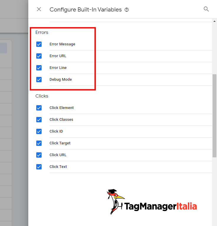 configurare variabili errore google tag manager