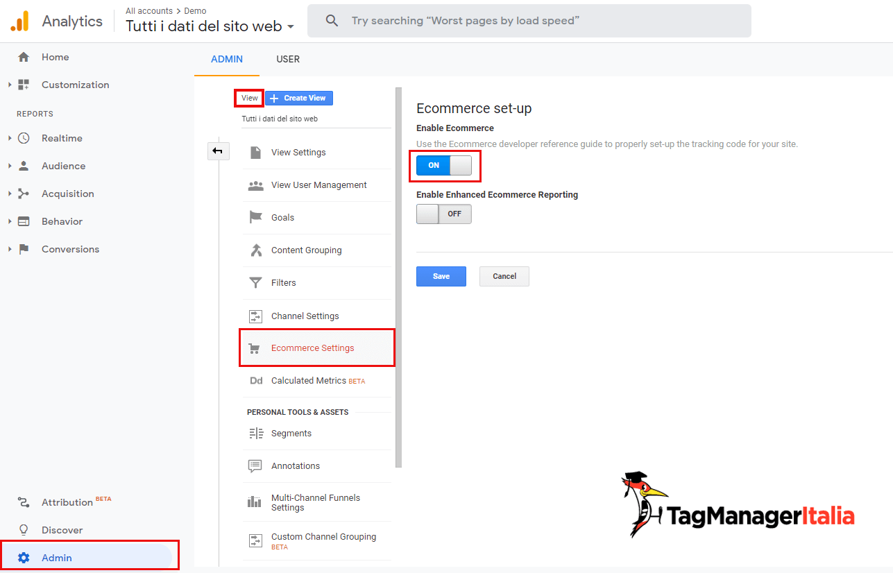 google analytics impostazione ecommerce attiva
