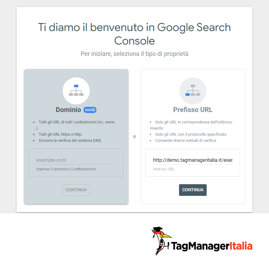 search console dominio scelta verifica proprieta