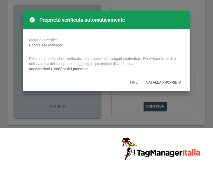 search console proprietà verificata con Google Tag Manager