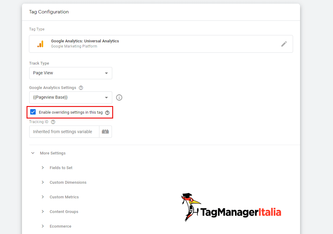 gestione dell'overriding nella variabile impostazioni google analytics google tag manager 