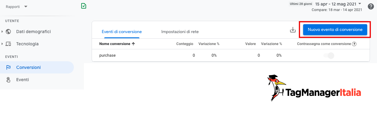 Creazione nuovo evento conversione in google analytics 4