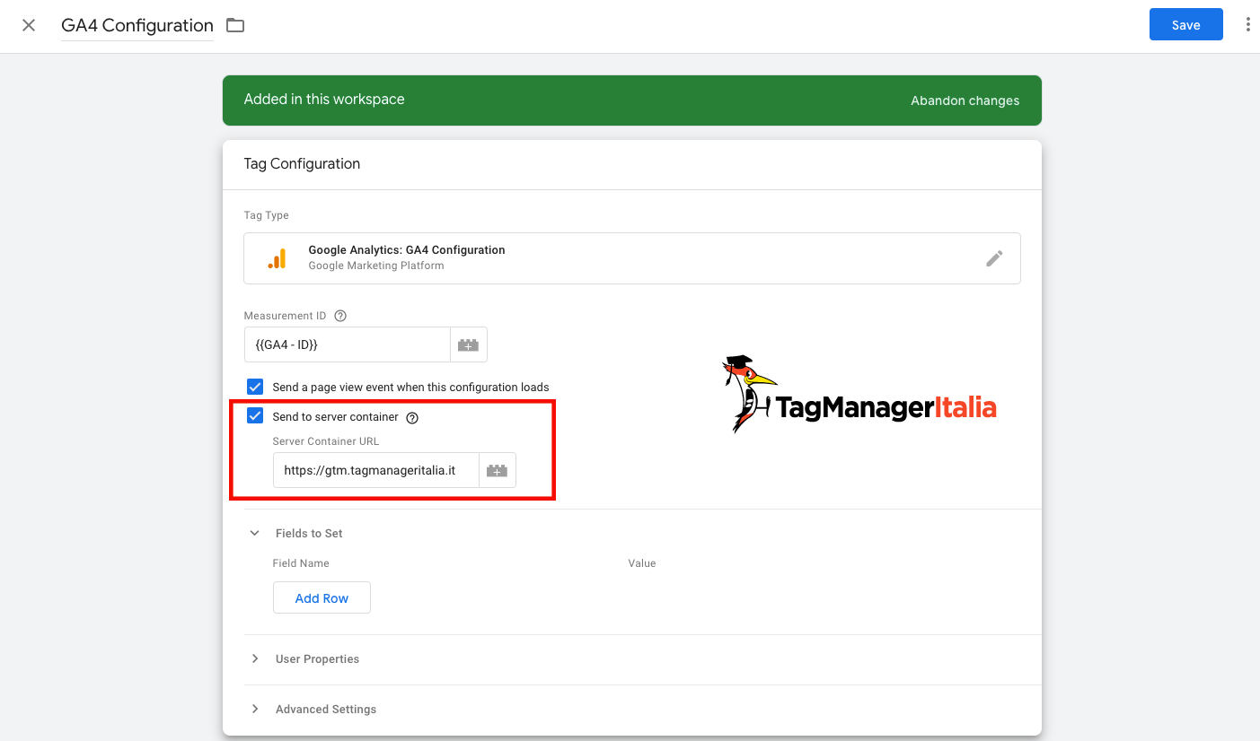 Flaggare l'opzione send to server container nel tag di configurazione di GA4