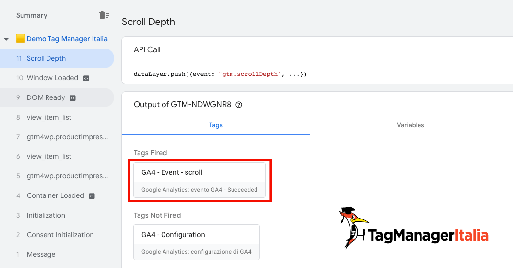 GA4 scroll tag fired nel Debug di GTM