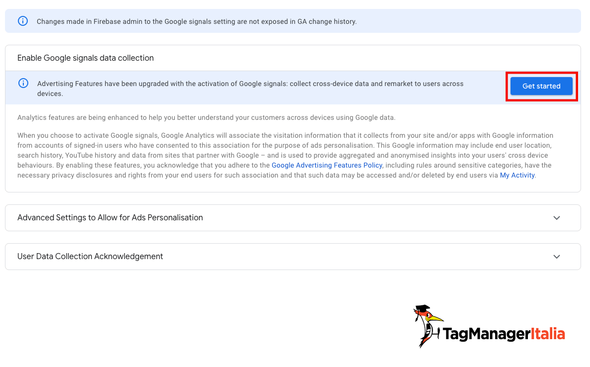 Inizio configurazione google signals in GA4