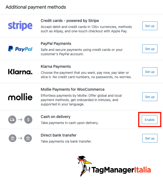 abilitare metodi di pagamento sito demo woocommerce