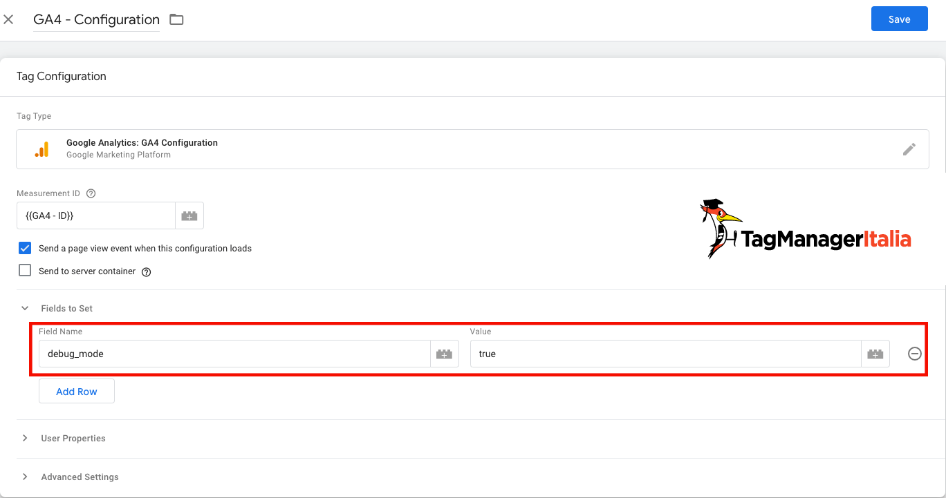 aggiungere il parametro debug_mode al tag di configurazione di GA4