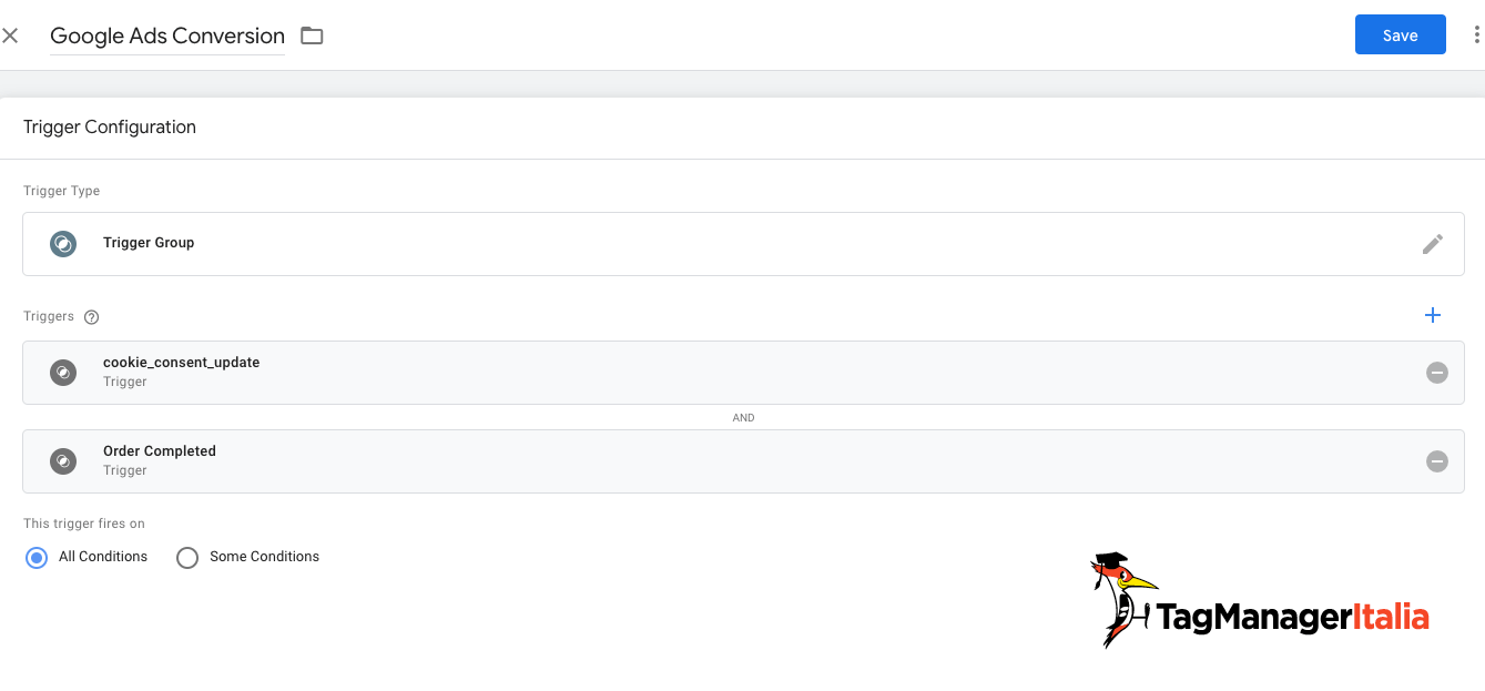 creare un trigger group per gestre la conversione di google ads e la consent mode