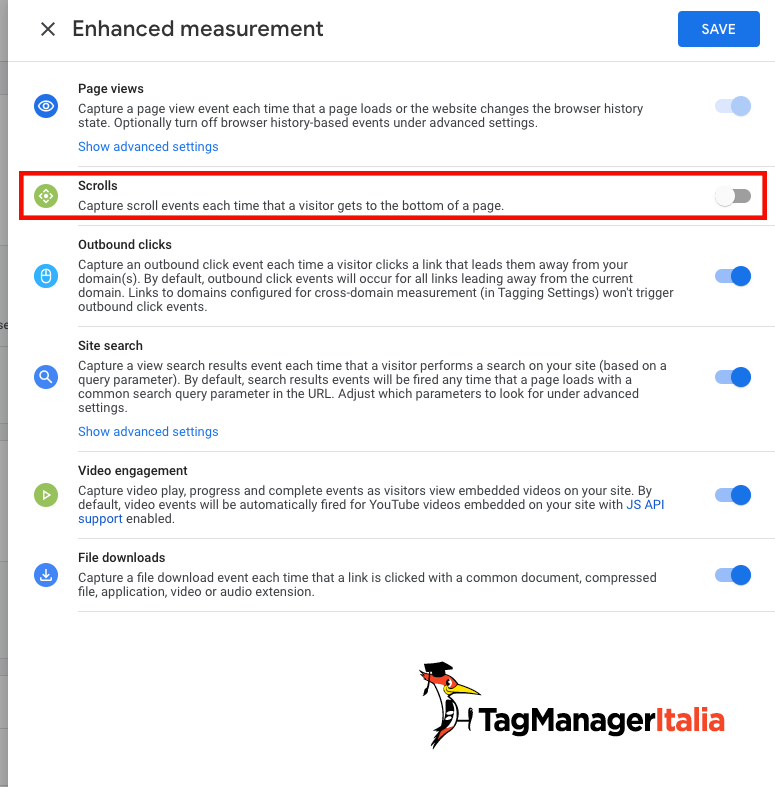 disabilitare lo scroll nella misurazione avanzata in GA4