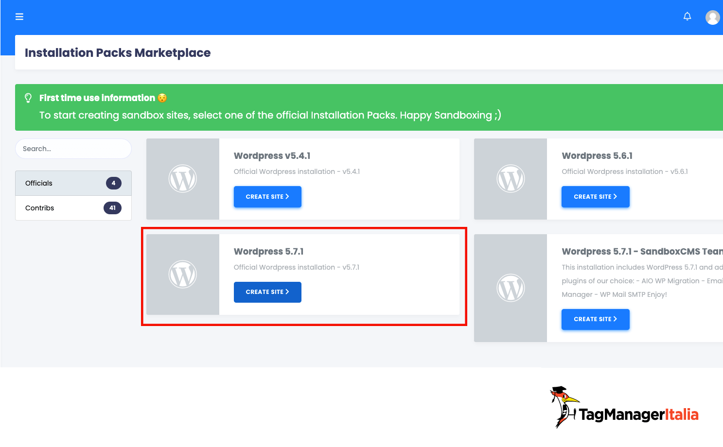 scegliere la versione di wordpress per il sito di demo