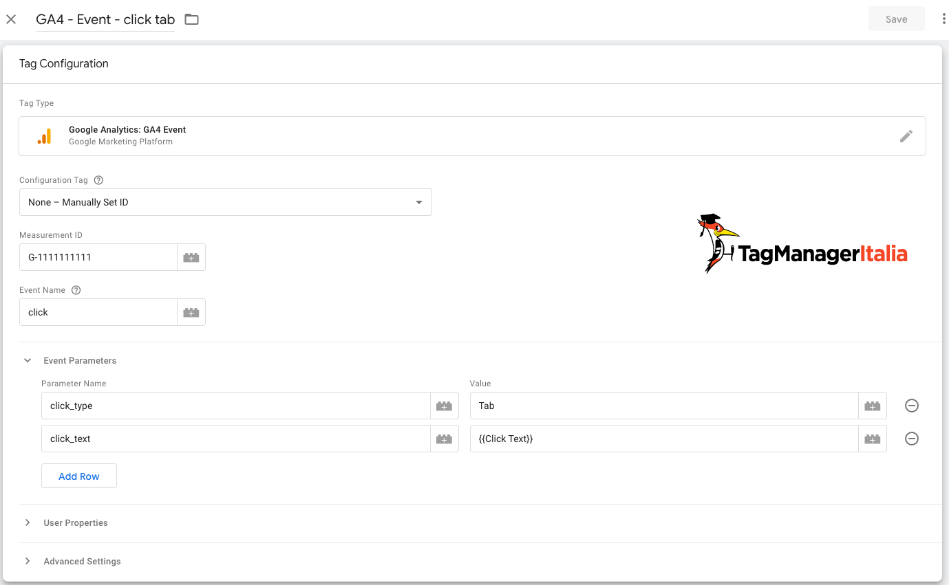 tag evento Google Analytics 4 click sulle tab