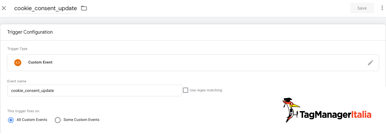 trigger personalizzato cookie consent update gtm