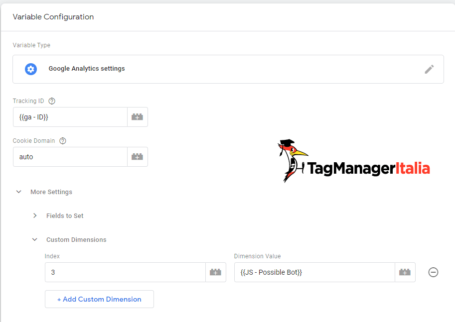 Aggiungi la nuova dimensione nella variabile delle impostazioni di Google Analytics