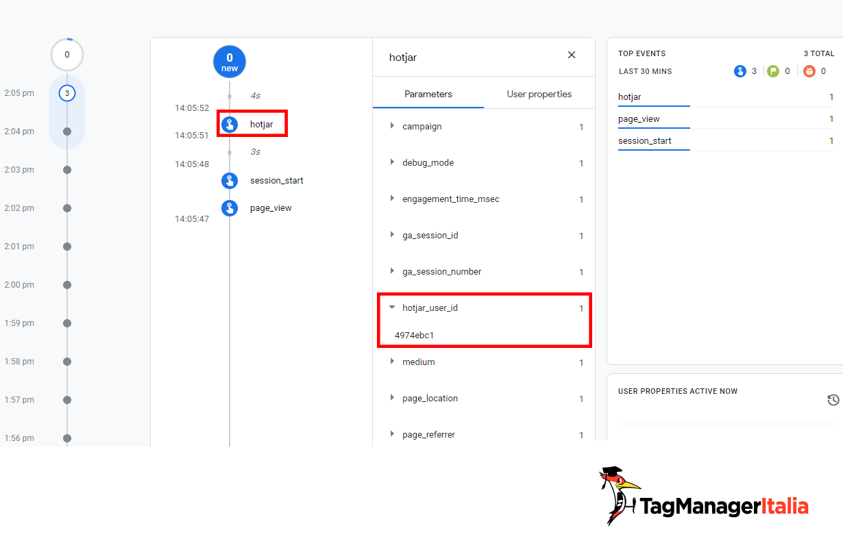 Debug View GA4 evento Hotjar con parametro User ID