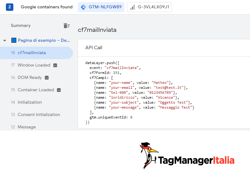 Evento form inviato contact form 7 data layer gtm
