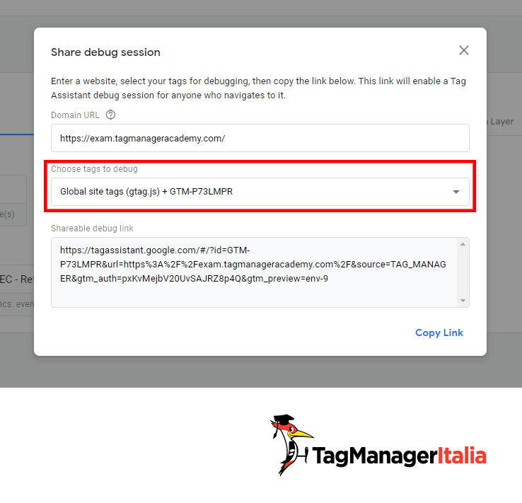 Impostazioni condivisione debug Tag Google Tag Manager