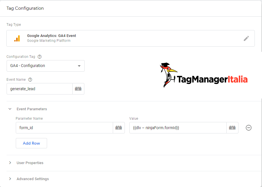 Tag evento Google Analytics 4 compilazione ninja forms