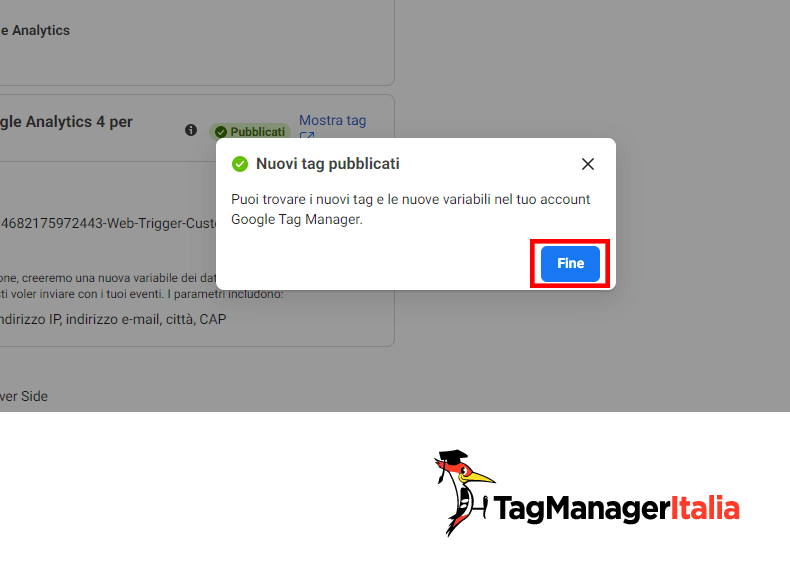 conferma creazione tag GTM per conversion API facebook