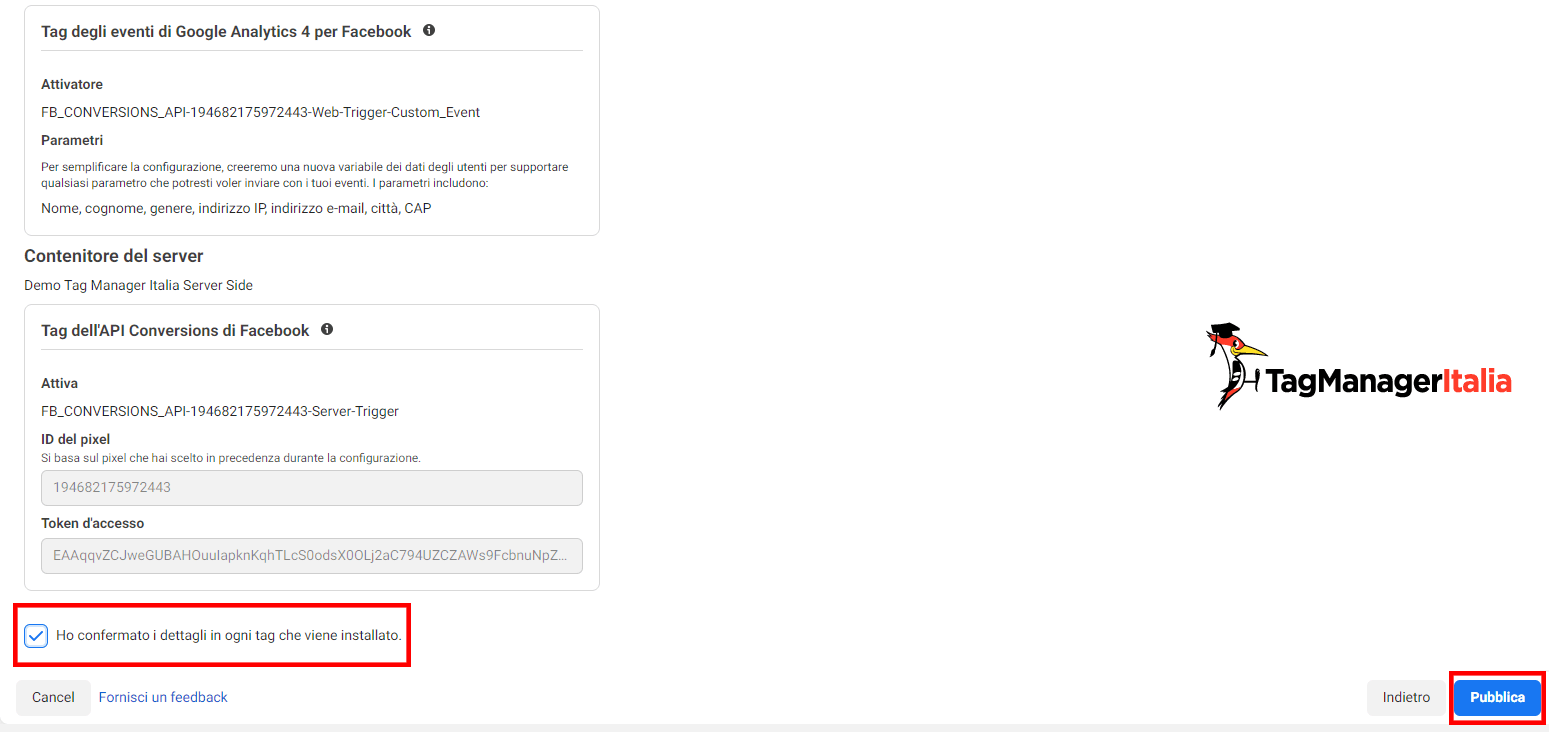 conferma le informazioni inserite per configurare conversion API facebook