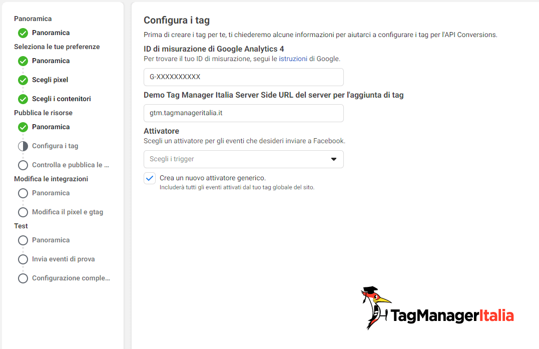 inserisci le informazioni necessarie per configurare i tag per conversion API facebook