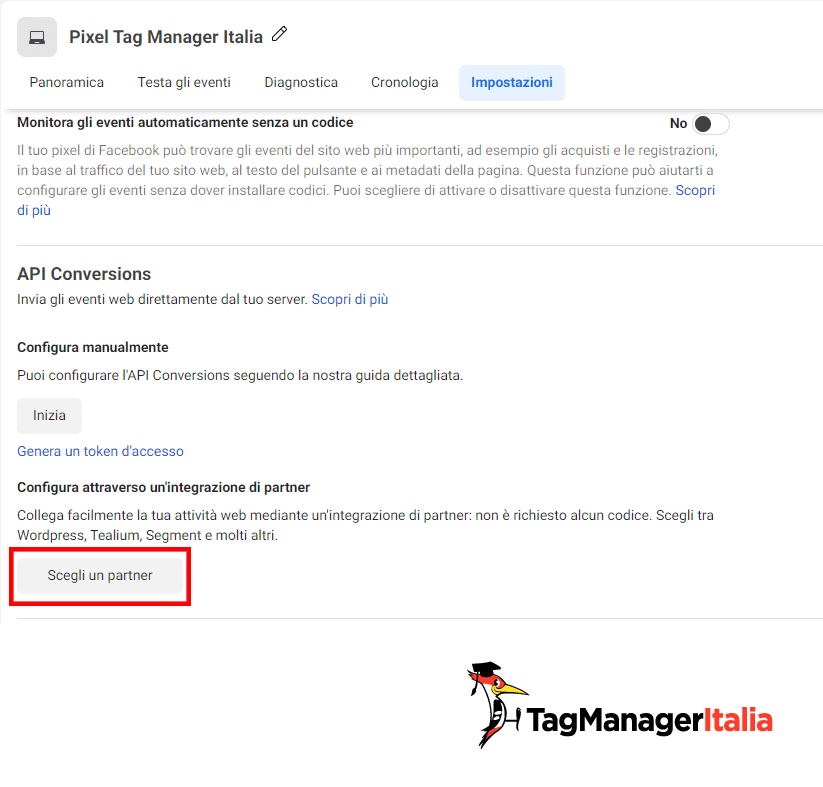 scegli un integrazione partner per la configurazione conversion API facebook