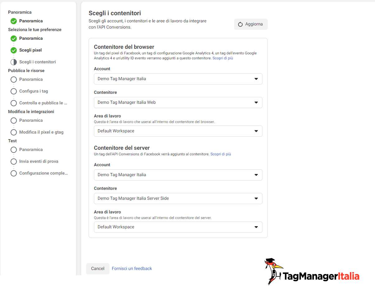 seleziona i contenitori di GTM da utilizzare per configurare conversion API facebook