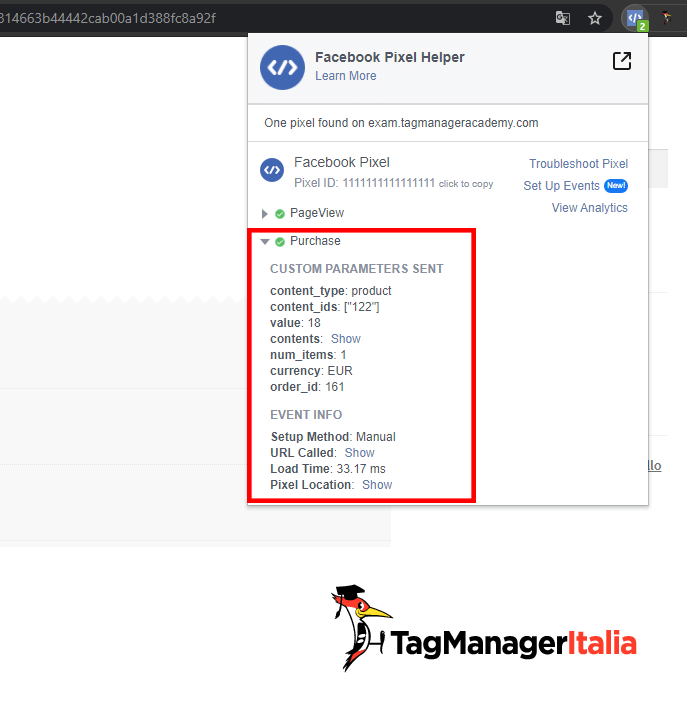 Pixel Helper evento Facebook purchase fired