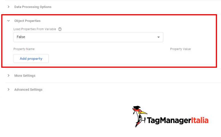 Sezione Object properties Tag Facebook Pixel GTM