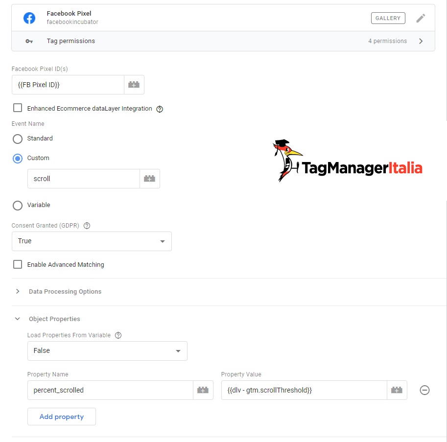 Tag evento Facebook scroll con parametro percentuale scroll GTM