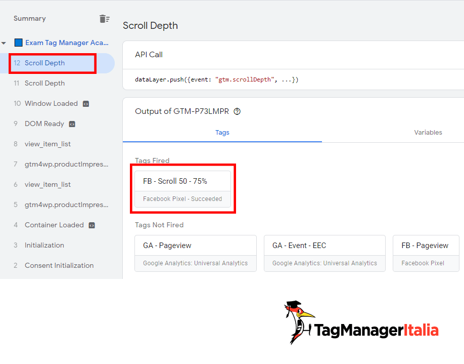 Tag evento scroll 75% Facebook fired GTM