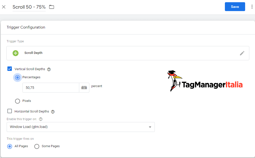 Trigger scroll verticale 50 - 75 % Google Tag Manager