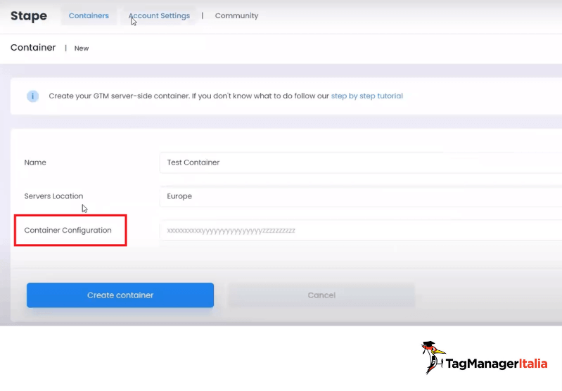 aggiunta container configuration stape.io server-side