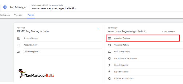 impostazioni contenitore GTM server-side tracking