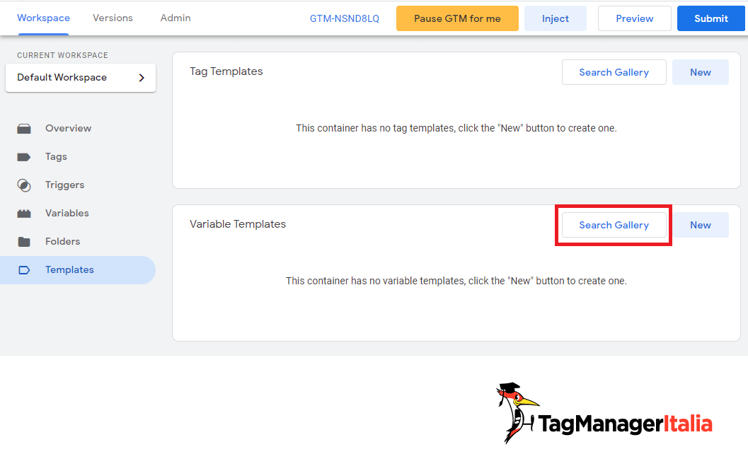 Apri la gallery dei template in Google Tag Manager