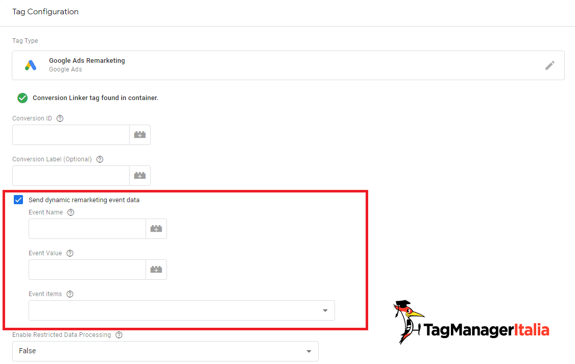 Campi dati eventi remarketing dinamico Google Ads in GTM