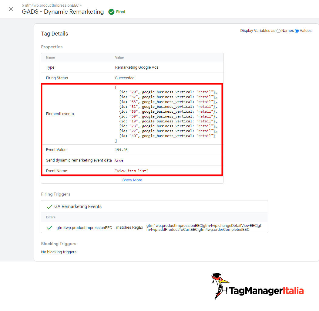 Tag Remarketing Dinamico Google Ads per Universal Analytics fired in Debug GTM