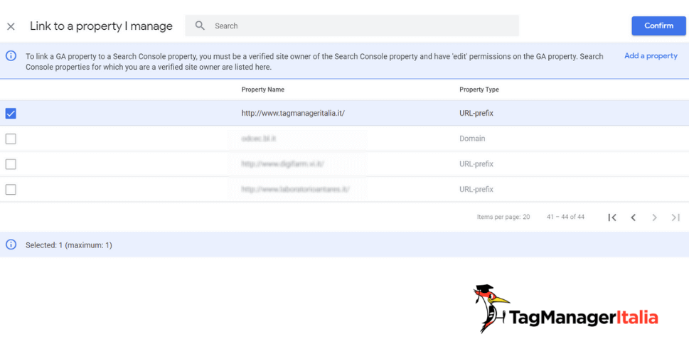 scelta proprietà Search Console collegamento a GA4