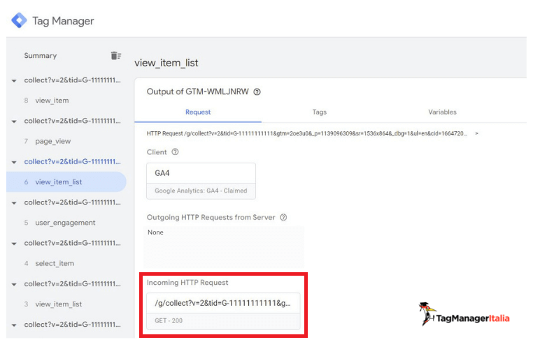 Debug GTM Server-Side tracciamento E-commerce GA4 - richiesta incoming request
