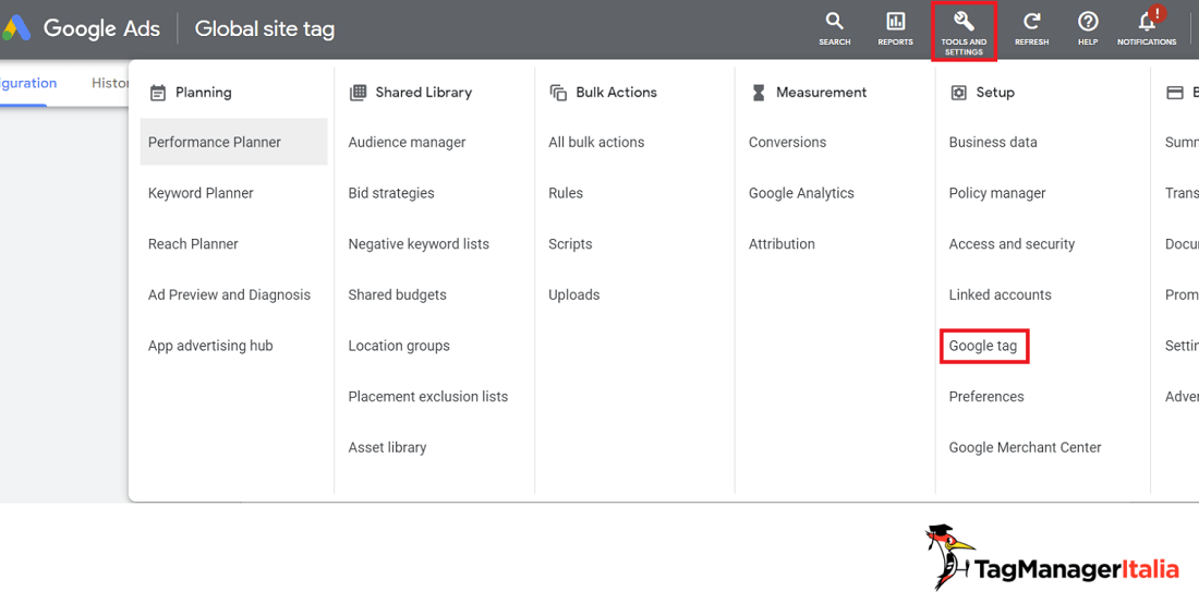 Sezione Tools and Settings dove trovare il Google tag in Google Ads