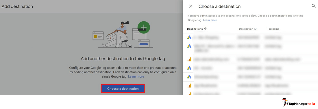 Step di selezione delle destinazioni del Google tag in GA4 e Google Ads