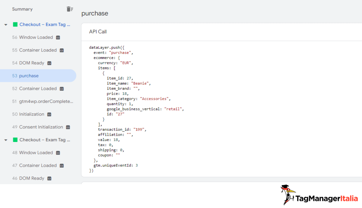 Anteprima dataLayer acquisto prodotti ecommerce