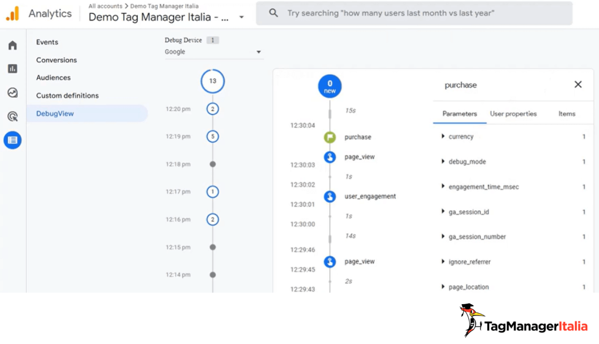 Debugview di Google Analytics 4 evento tracciamento acquisti ecommerce