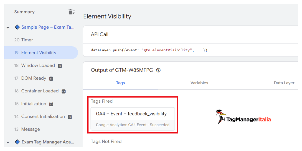 Debug Google Tag Manager evento di tracciamento visualizzazione sezione Feedback e testimonianze landing page o e-commerce